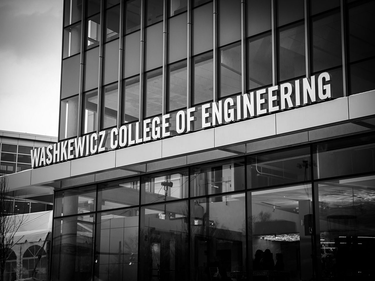 A photo of the exterior of Donald E. Washkewicz Hall and the Washkewicz College of Engineering