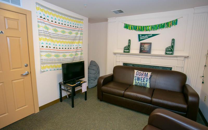Photo of a living room in the Fenn Tower residence hall
